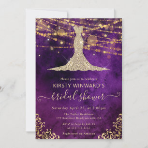 Elegant Purple Gold Gown Bridal Shower Invitation