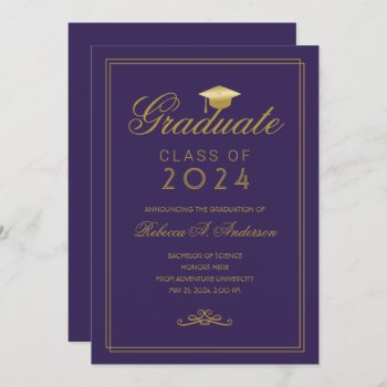 Elegant Purple Gold Grad Cap College Graduation Announcement by ilovedigis at Zazzle