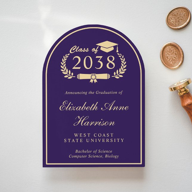 Elegant Purple Gold Graduation Announcement (An elegant arch-shaped college graduation announcement to celebrate the graduate's achievements)