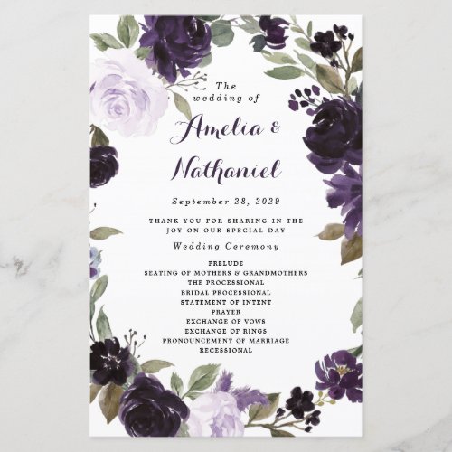 Elegant Purple Gold Green Floral Wedding Programs