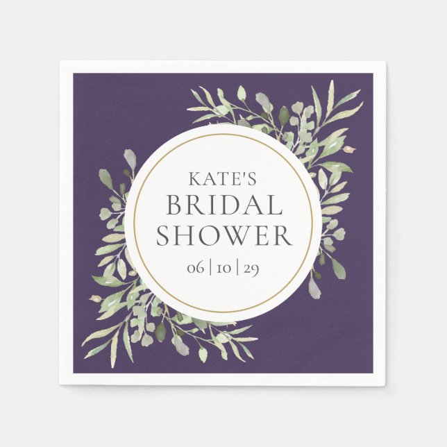 Elegant Purple Gold Greenery Bridal Shower Napkins (Front)