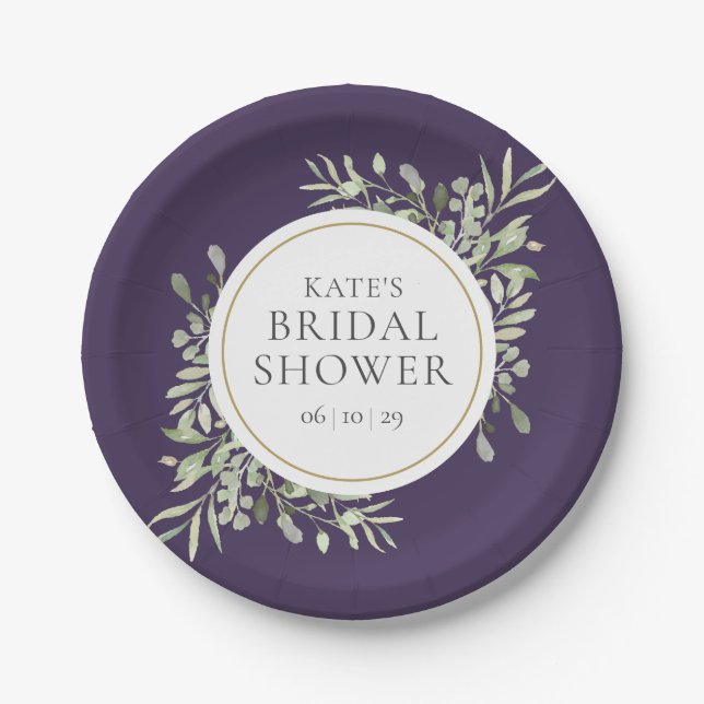 Elegant Purple Gold Greenery Bridal Shower Paper Plates (Front)