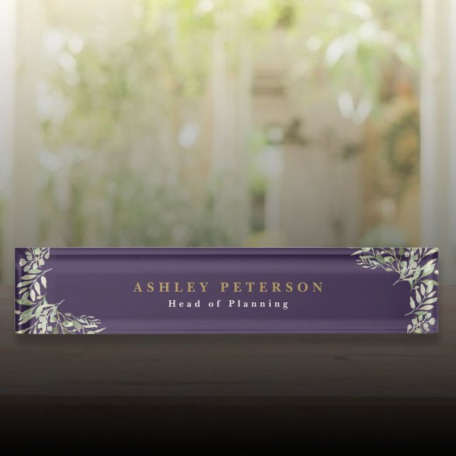 Elegant Purple Gold Greenery Desk Name Plate (Elegant Purple Gold Greenery Desk Name Plate)