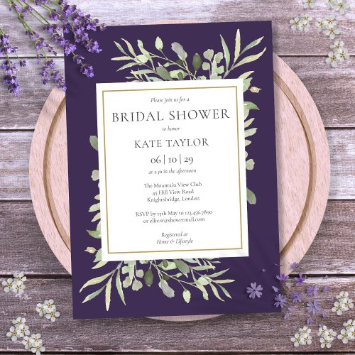 Elegant Purple Gold Greenery Foliage Bridal Shower Invitation