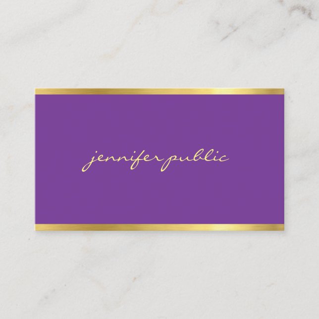 Elegant Purple Gold Handwritten Script Modern Chic Business Card (Front)