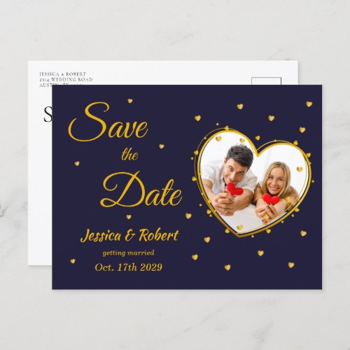 Elegant Purple Gold Heart Photo Save the Date Announcement Postcard