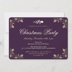 Elegant Purple Gold Holly Christmas Holiday Party Invitation
