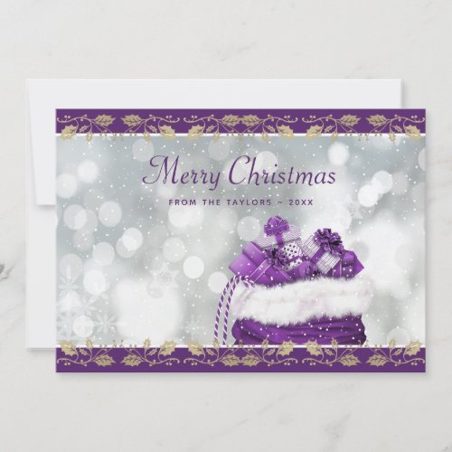 Elegant Purple Gold Holly Merry Christmas Cards