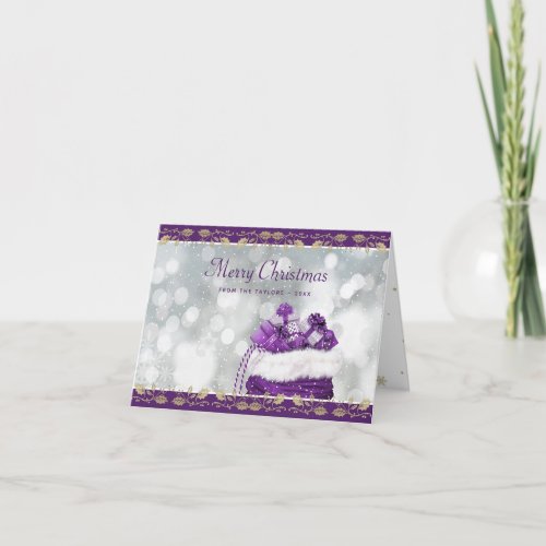 Elegant Purple Gold Holly Merry Christmas Cards