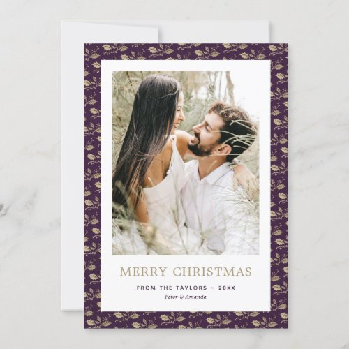 Elegant Purple Gold Holly Photo Merry Christmas Holiday Card