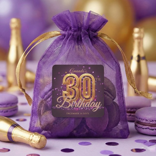 Elegant Purple Gold Jewel 30th Birthday Party Square Sticker (Creator Uploaded)