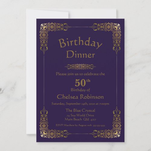 Elegant Purple Gold Lace 50th Birthday Dinner Invitation