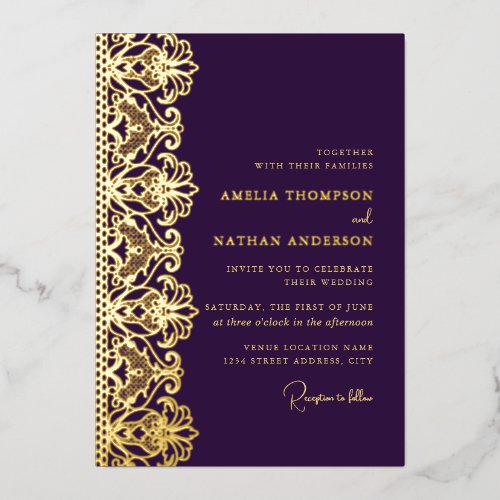Elegant Purple Gold Lace Wedding  Foil Invitation