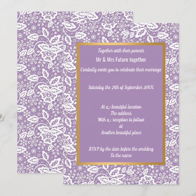 ELEGANT PURPLE GOLD LACE WEDDING INVITATION (Front/Back)