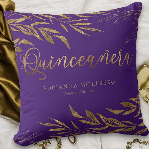 Elegant Purple Gold Leaf Personalized Quinceanera Throw Pillow