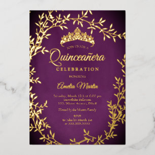 Elegant Purple Gold Leaf Wreath Quinceanera Foil Invitation