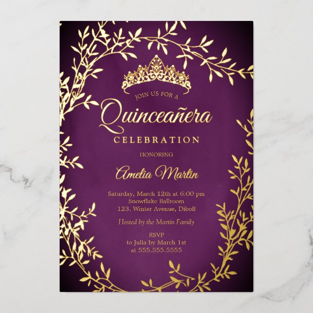 Elegant Purple Gold Leaf Wreath Quinceanera Foil Invitation (Front)