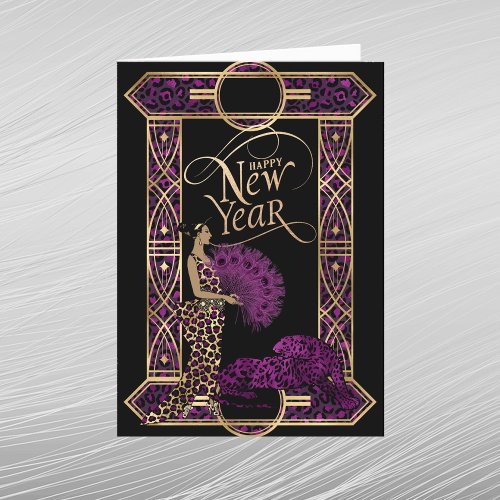 Elegant Purple Gold Leopard Lady Art Deco New Year Holiday Card