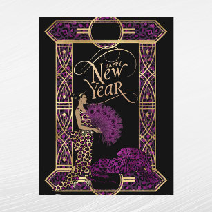 Elegant Purple Gold Leopard Lady Art Deco New Year Holiday Postcard