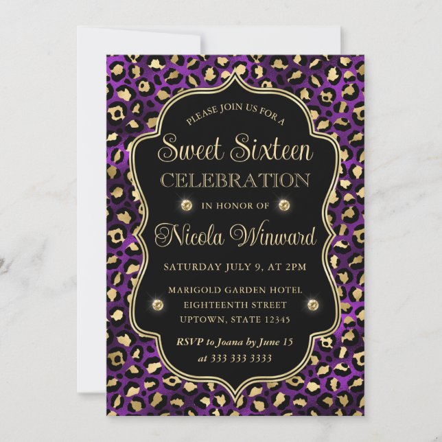 Elegant Purple Gold Leopard Print Sweet 16 Invitation (Front)