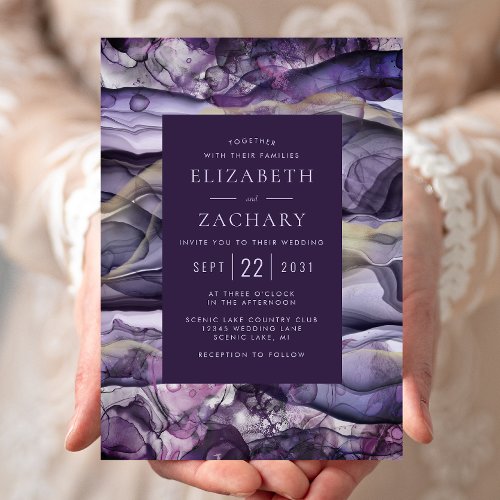 Elegant Purple Gold Liquid Ink Wedding Invitation