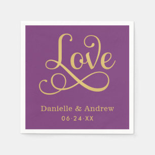 Elegant Purple Gold Love Calligraphy Wedding Paper Napkins