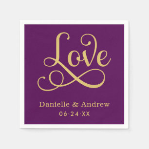 Elegant Purple Gold Love Calligraphy Wedding Paper Napkins
