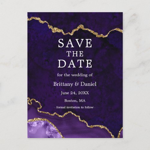 Elegant Purple Gold Marble Geode Save The Date Announcement Postcard