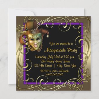 Elegant Purple Gold Masquerade Party Invitations 