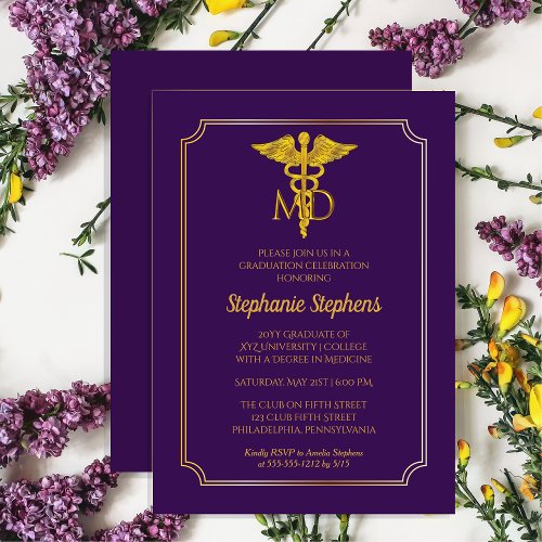 Elegant Purple Gold MD Physician Graduation Party Invitation