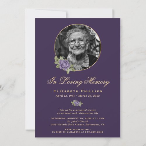 Elegant Purple Gold Memorial Service Photo Invitation