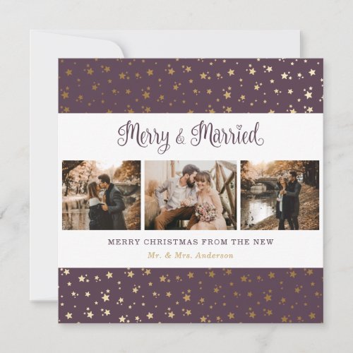 Elegant Purple Gold Merry and Married Christmas Holiday Card