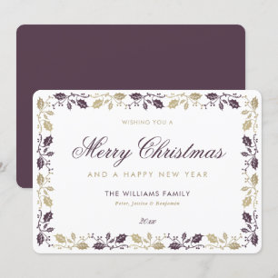 Elegant Purple Gold Merry Christmas Happy New Year Holiday Card