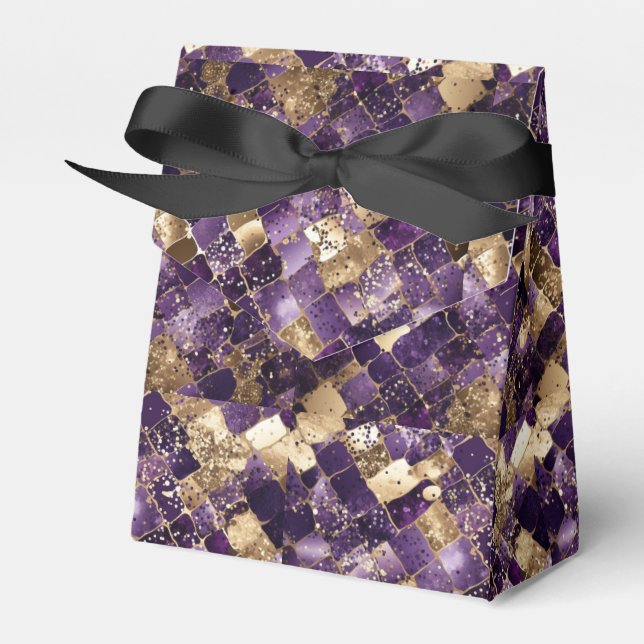 Elegant Purple & Gold Metallic Checkerboard Favor Boxes (Front Side)