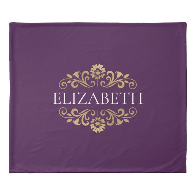 Elegant Purple Gold Monogram Name Duvet Cover (Back)