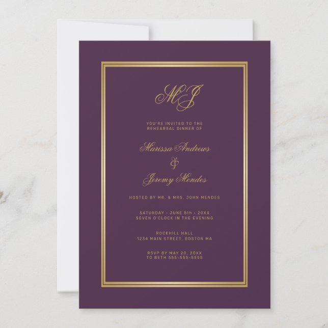 Elegant Purple Gold Monogram Rehearsal Dinner Invitation (Front)