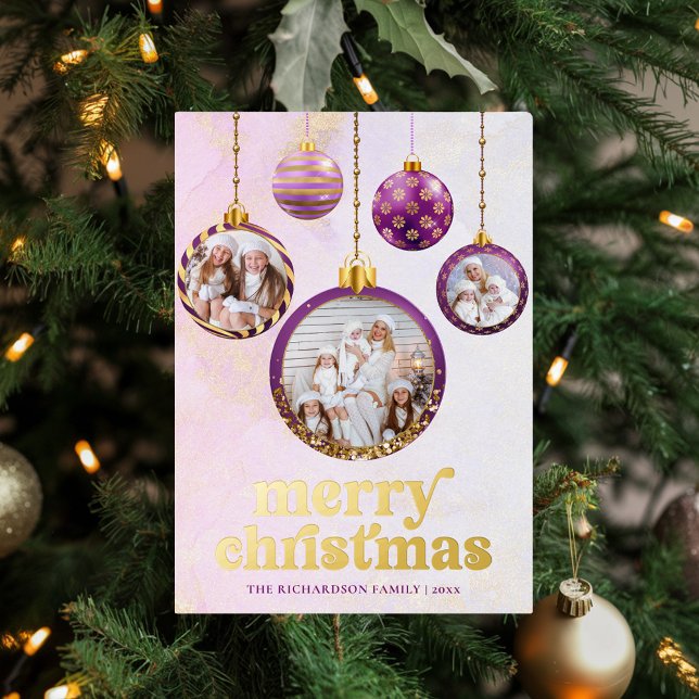 Elegant Purple & Gold Ornament Photo Christmas  Foil Holiday Card (Elegant Purple & Gold Ornament Photo Christmas Foil Holiday Card)