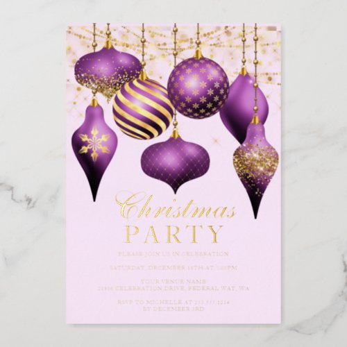 Elegant Purple Gold Ornaments Christmas Party Foil Invitation