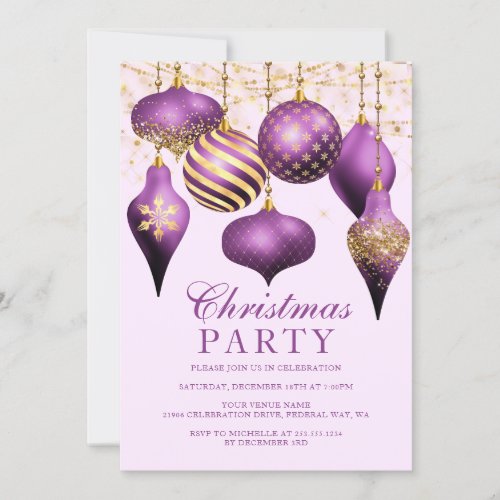 Elegant Purple Gold Ornaments Christmas Party Invitation