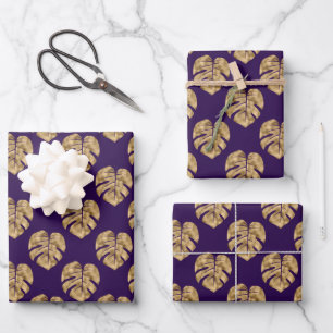 Elegant Purple Gold Palm Leaf Pattern Wrapping Paper Sheets
