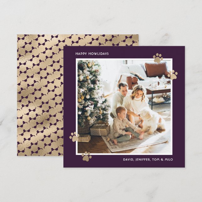 Elegant Purple Gold Paw Photo Happy Howlidays Holiday Card (Front/Back)