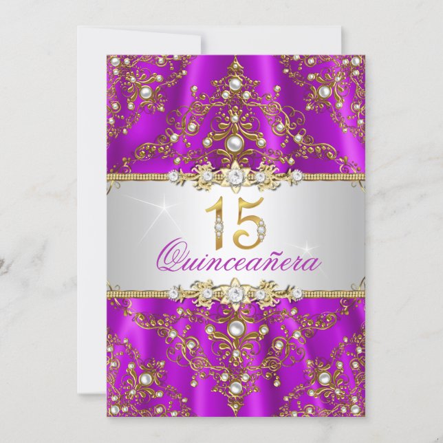Elegant Purple Gold Pearl Damask Quinceanera Invitation (Front)