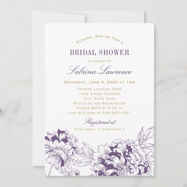 Elegant Purple Gold Peony Wedding Bridal Shower Invitation (Front)