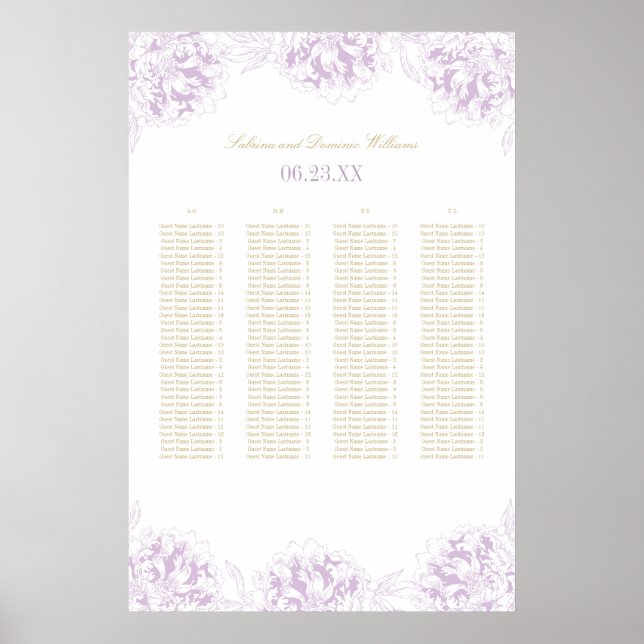 Elegant Purple Gold Peony Wedding Seating Poster (Front)