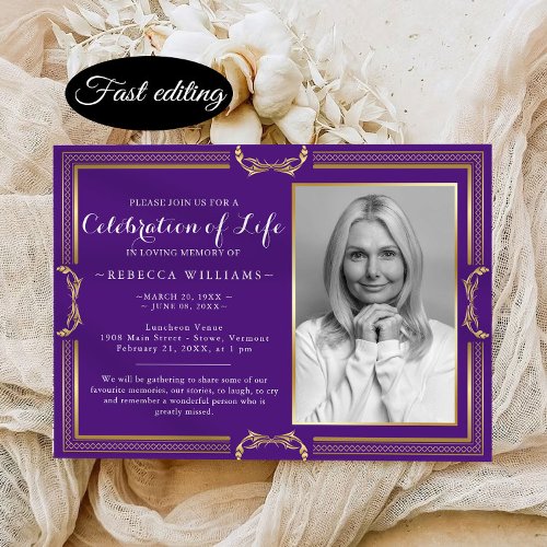 Elegant Purple Gold Photo Celebration of life Invitation