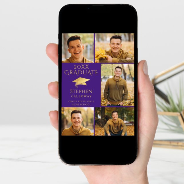 Elegant Purple Gold Photo Collage Graduate Announcement (Front Digital)
