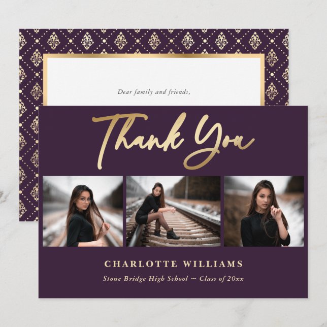 Elegant Purple Gold Photo Collage Graduation Thank You Card (Front/Back)