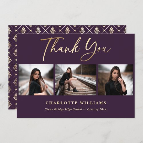 Elegant Purple Gold Photo Collage Graduation Thank You Card