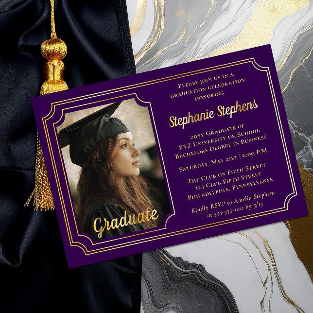 Elegant Purple & Gold Photo Graduation Party  Foil Invitation (Elegant Purple and Gold Foil Graduation Party Invitation with Photo and Scalloped Frame)