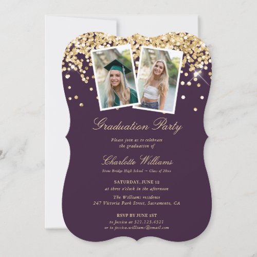 Elegant Purple Gold Photo Graduation Party Invitation